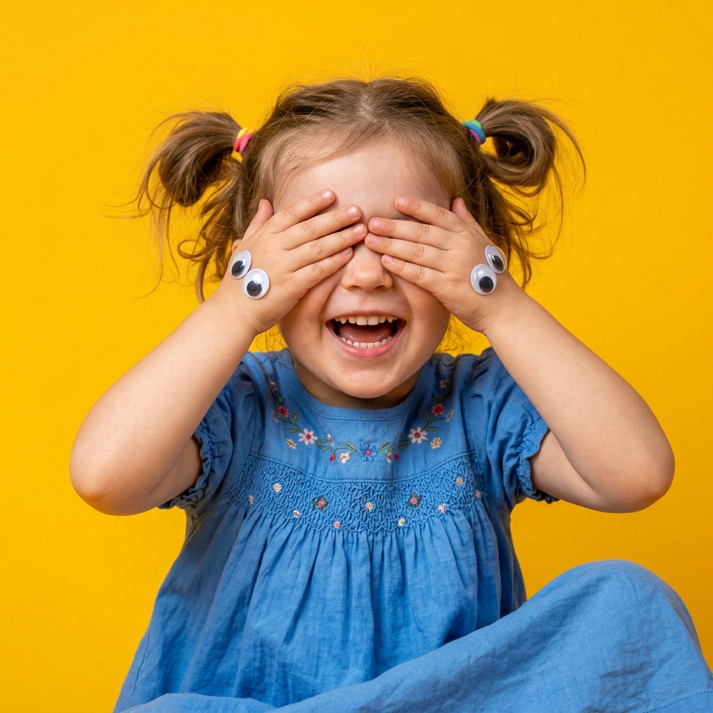 Happy child playing peekaboo with googly eyes